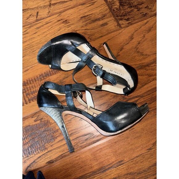 Coach Amina Black Leather Buckle Strap Peep-Toe Platform Heels 8 - Picture 3 of 8